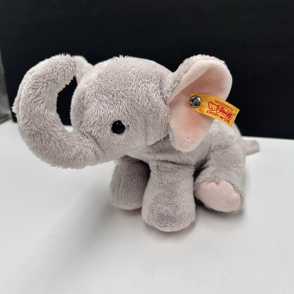 Steiff Gray Elephant Plush 6" Trunk Up Stuffed Animal Toy 084096 Gray EUC